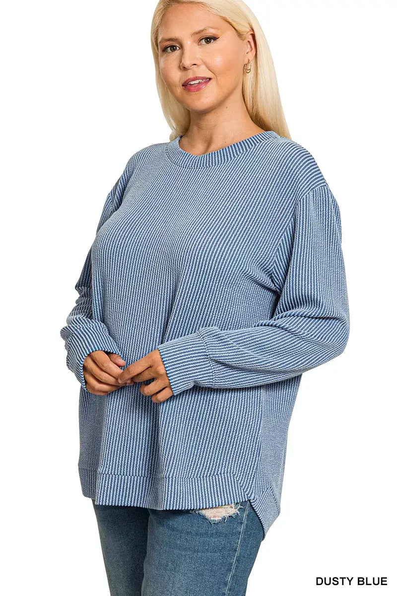 Zenana Full Size Raised Rib Round Neck Long Sleeve Top Plus Size