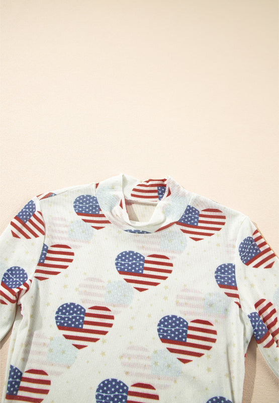 US Flag Heart Mock Neck Long Sleeve Bodysuit - felvior