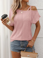 Eyelet Asymmetrical Shoulder Short Sleeve T-Shirt