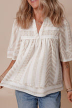 Geometric Jacquard Notched Half Sleeve Blouse