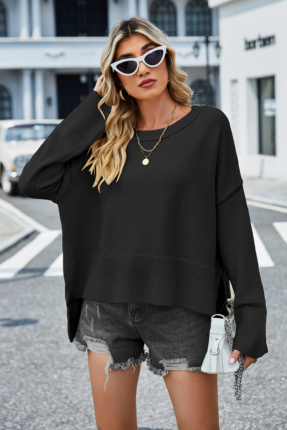 High-Low Slit Round Neck Long Sleeve Sweater - felvior