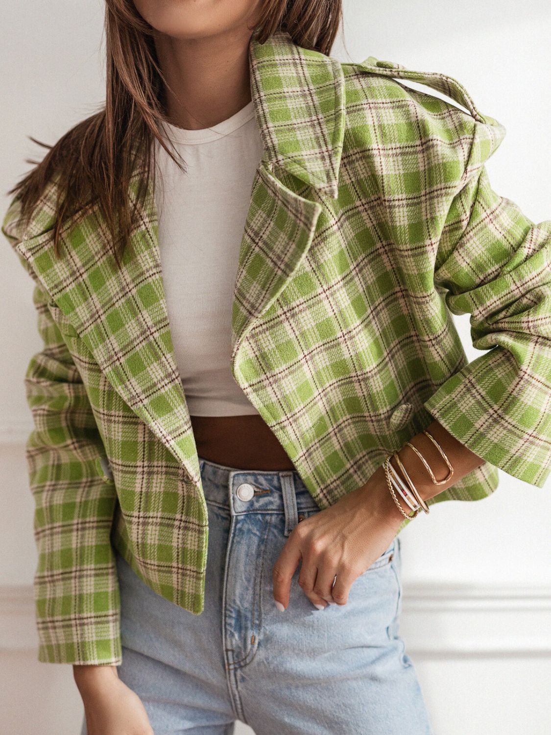 Lapel Collar Plaid Cropped Jacket - felvior