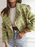 Lapel Collar Plaid Cropped Jacket - felvior
