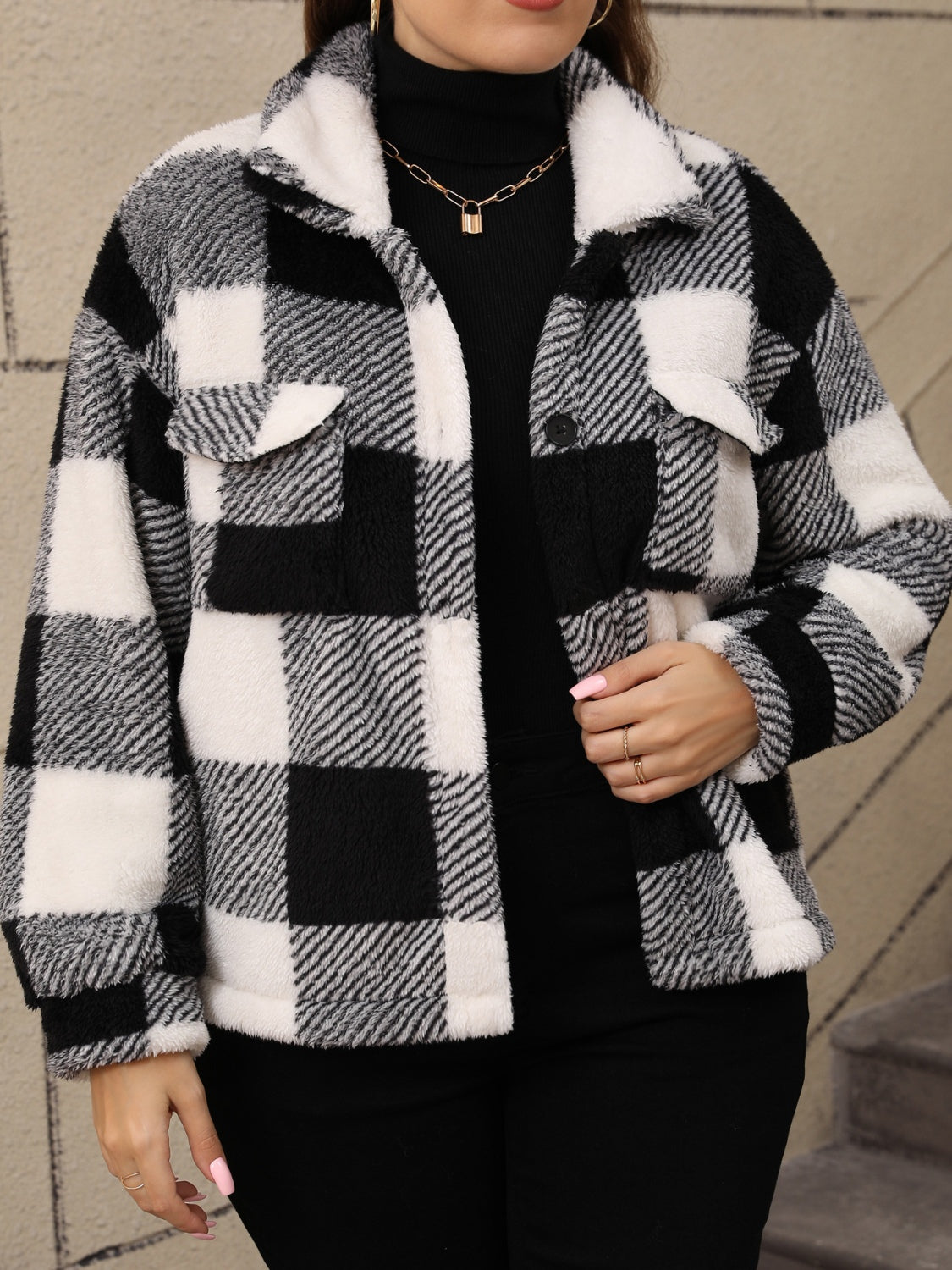 Plus Size Pocketed Plaid Collared Neck Jacket Main image