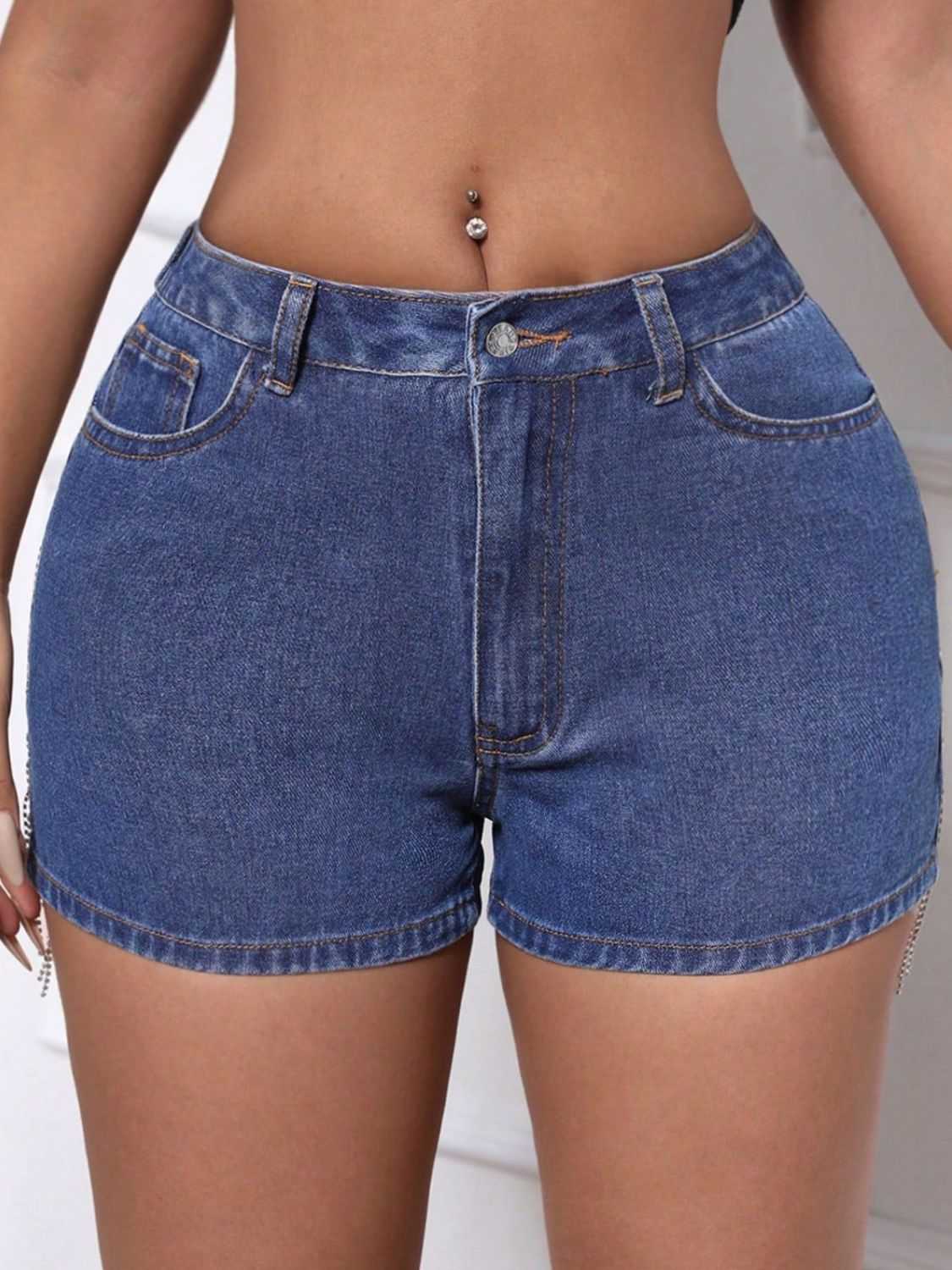 Fringe Back Denim Shorts with Pockets - felvior