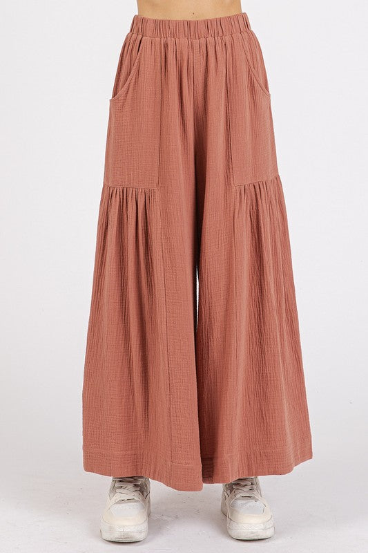 Mittoshop Gauze Elastic Waist Pleated Wide Leg Pants - felvior