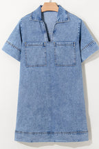 Short Sleeve Collared Patched Pocket Denim Mini Dress
