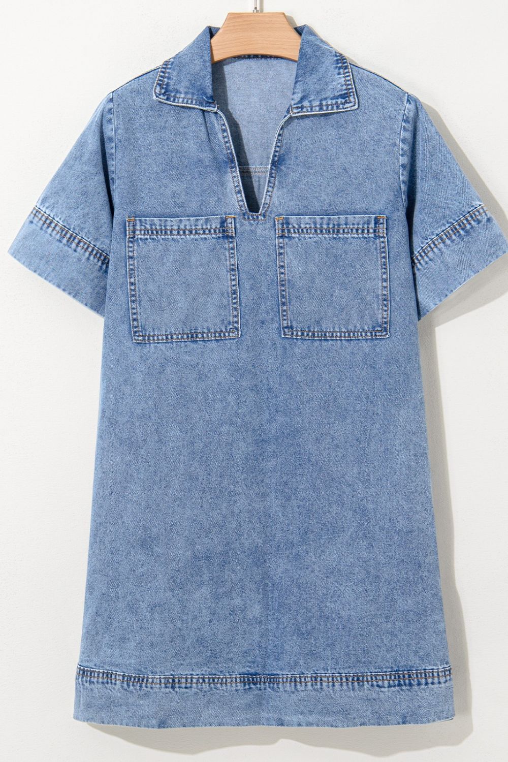 Short Sleeve Collared Patched Pocket Denim Mini Dress