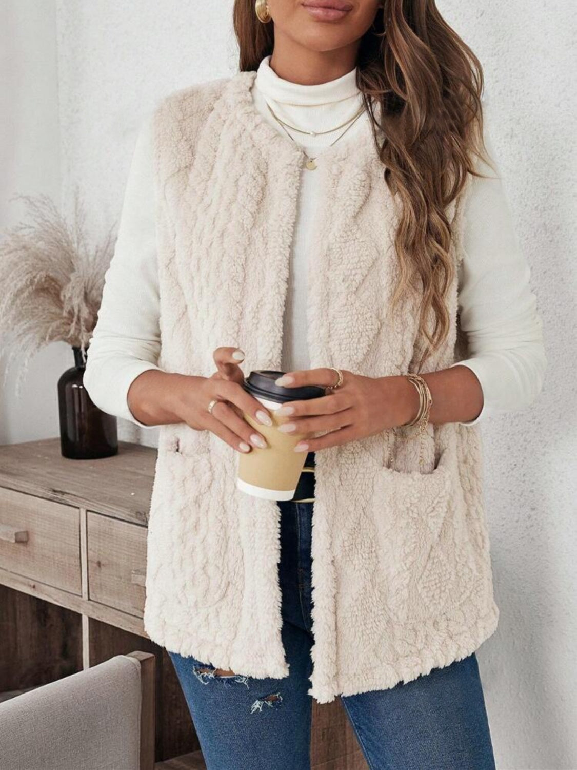 Fuzzy Open Front Vest with Pockets - felvior