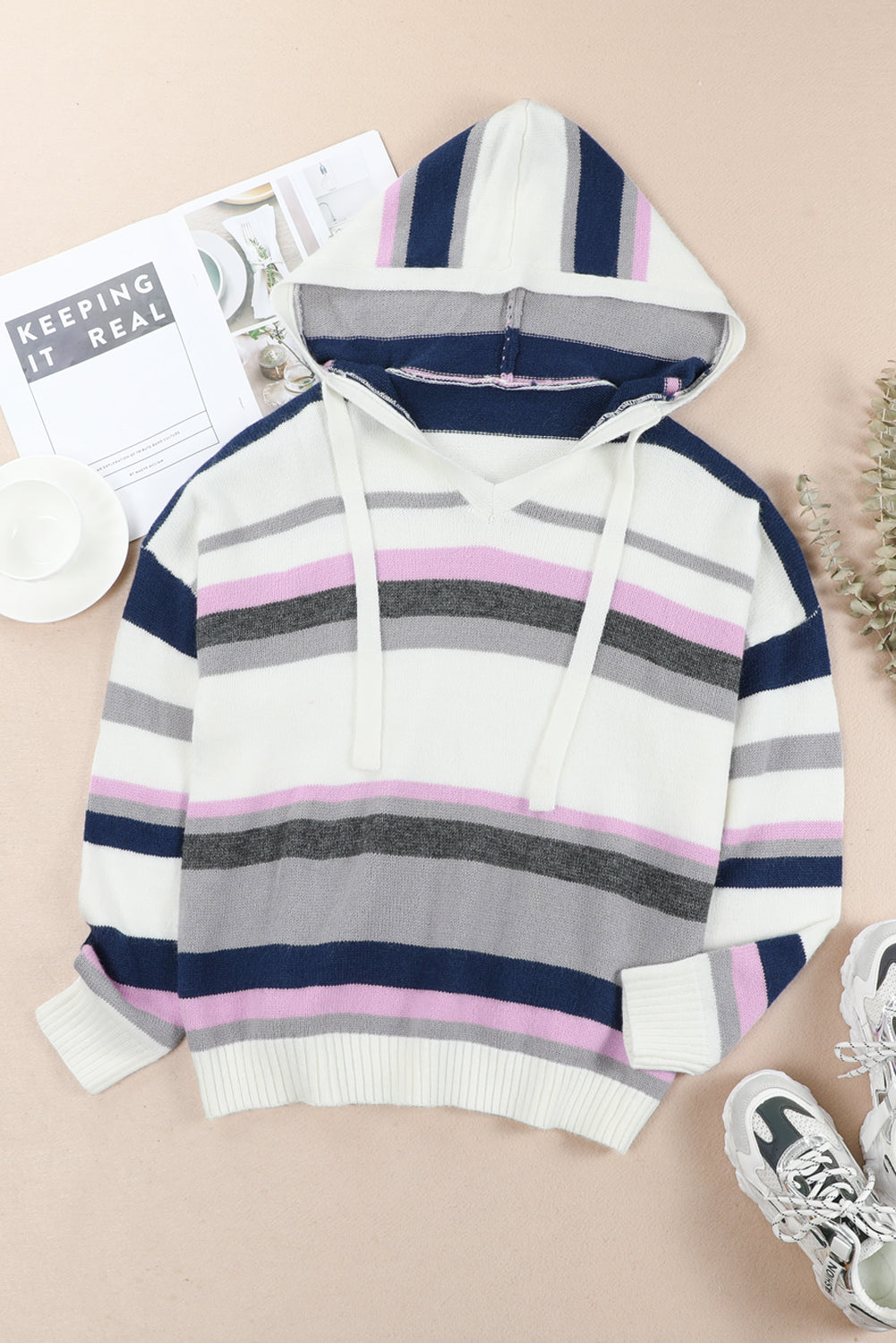 Plus Size Striped Long Sleeve Hooded Sweater - felvior
