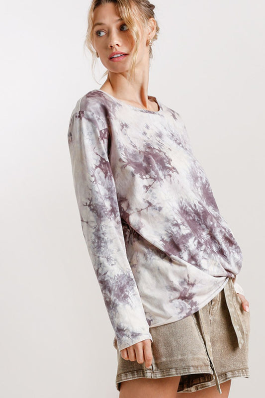 Umgee Full Size Tie Dye Front Gathered Detail Round Neck Long Sleeve T-Shirt Plus Size - felvior