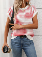 Striped Round Neck Short Sleeve Knit Top