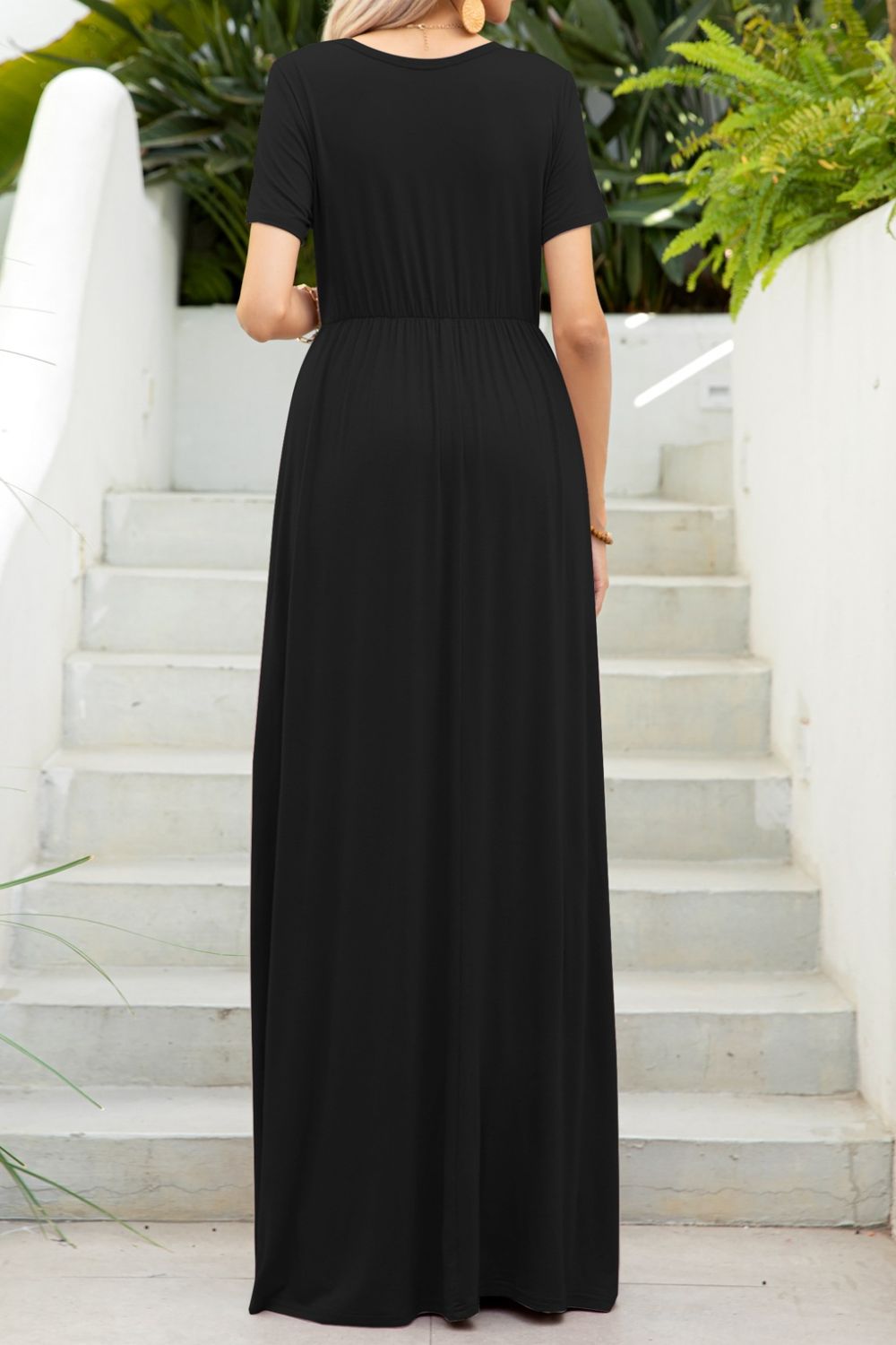 Round Neck Maxi Tee Dress with Pockets - felvior