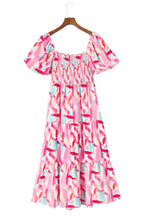 Printed Square Neck Tied Smocked Dress