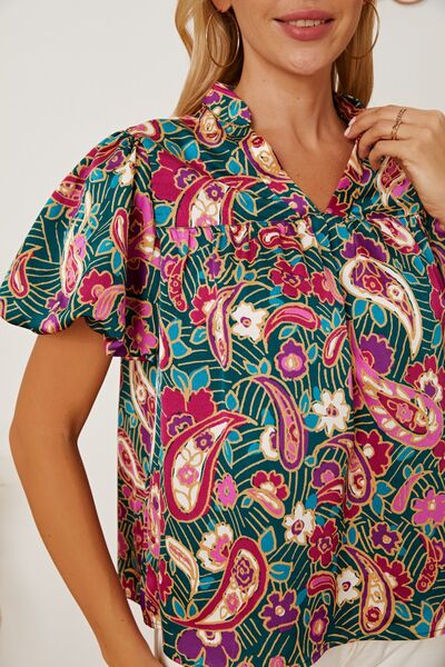Floral Collared Neck Short Sleeve Blouse - felvior