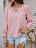 Devine Swiss Dot Lace Detail V-Neck Long Sleeve Blouse - felvior