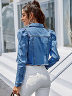 Button Down Raw Hem Cropped Denim Jacket