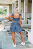Square Neck Tie Shoulder Denim Dress - felvior