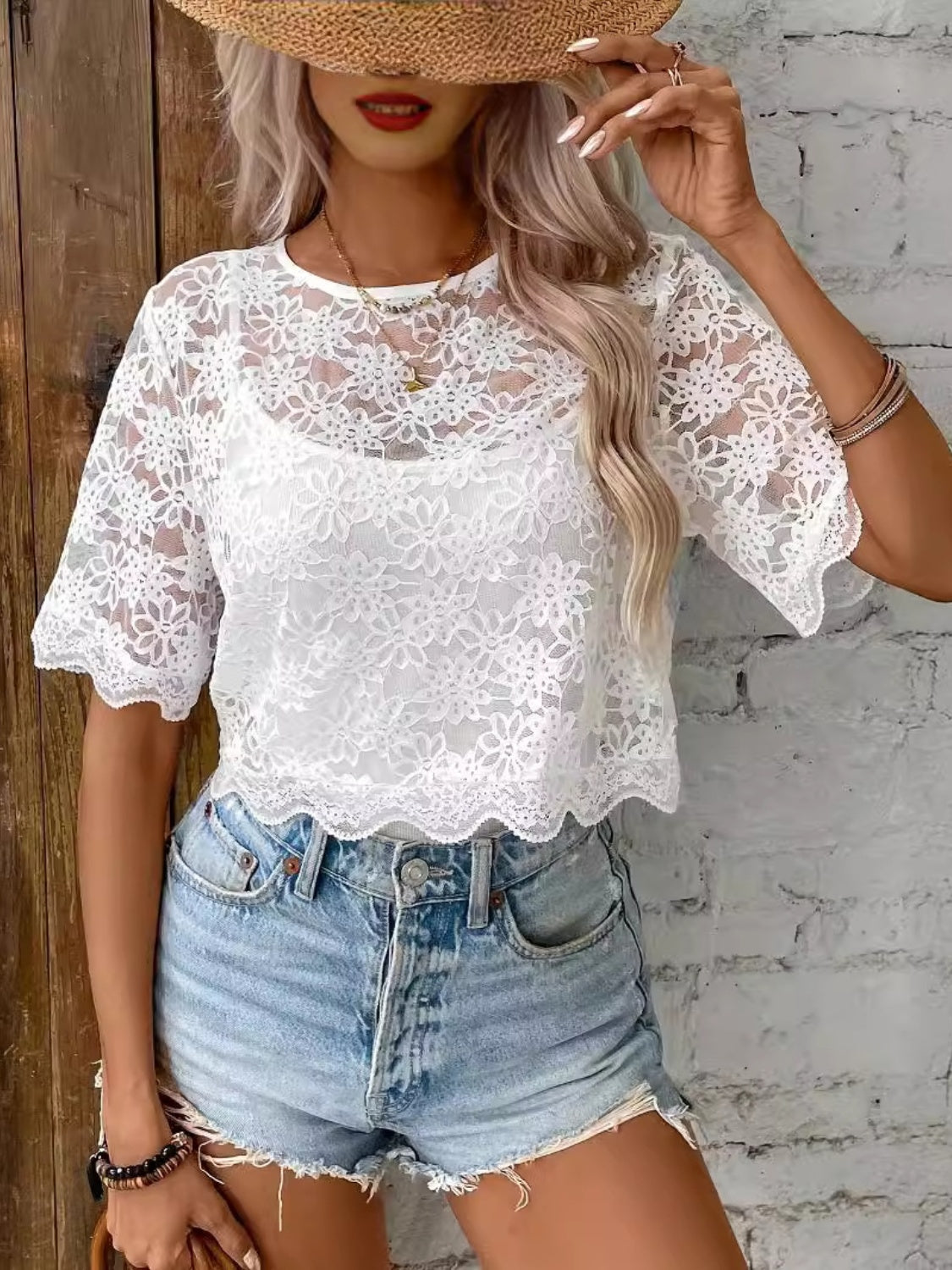 Flower Texture Round Neck Short Sleeve Top - felvior