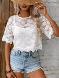 Flower Texture Round Neck Short Sleeve Top - felvior