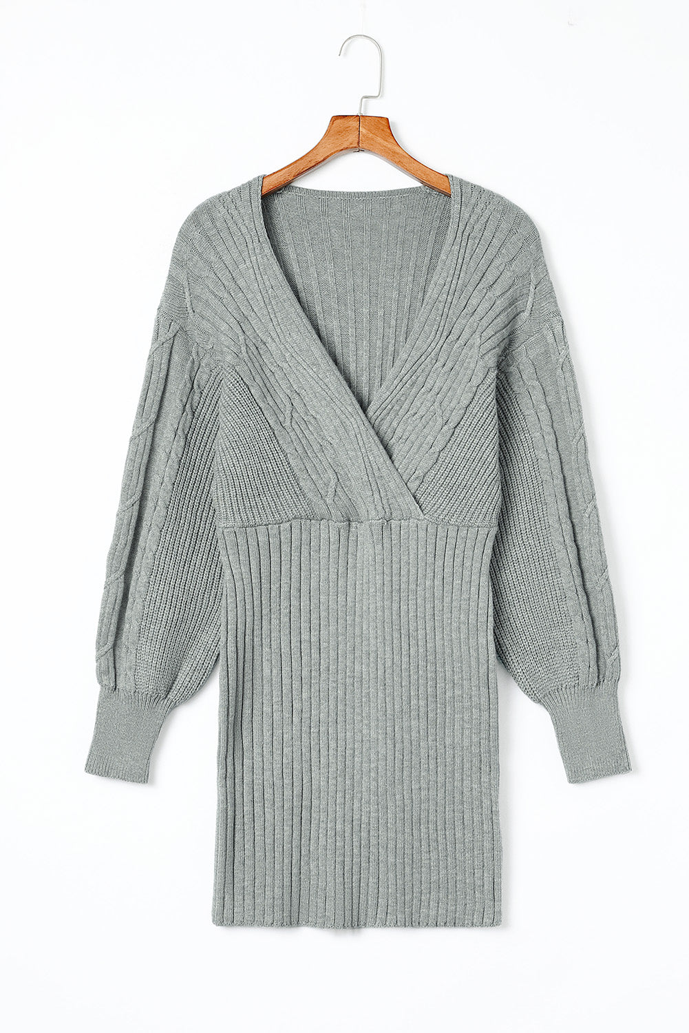 Cable-Knit Surplice Lantern Sleeve Sweater Dress - felvior