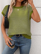 Striped Round Neck Short Sleeve Knit Top