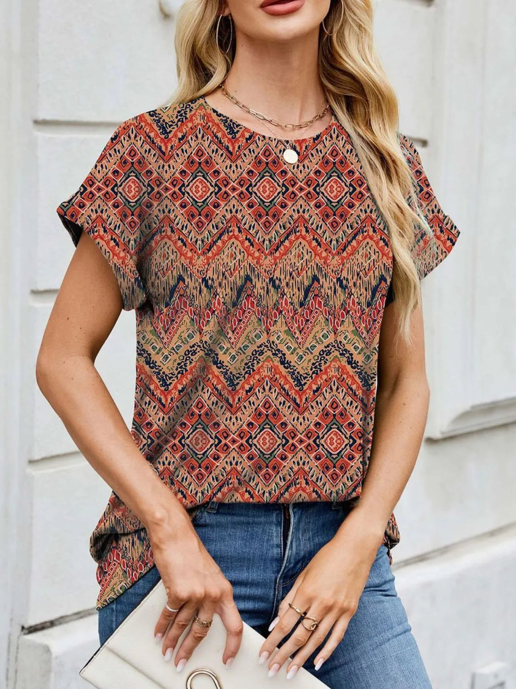 Printed Round Neck Short Sleeve Top