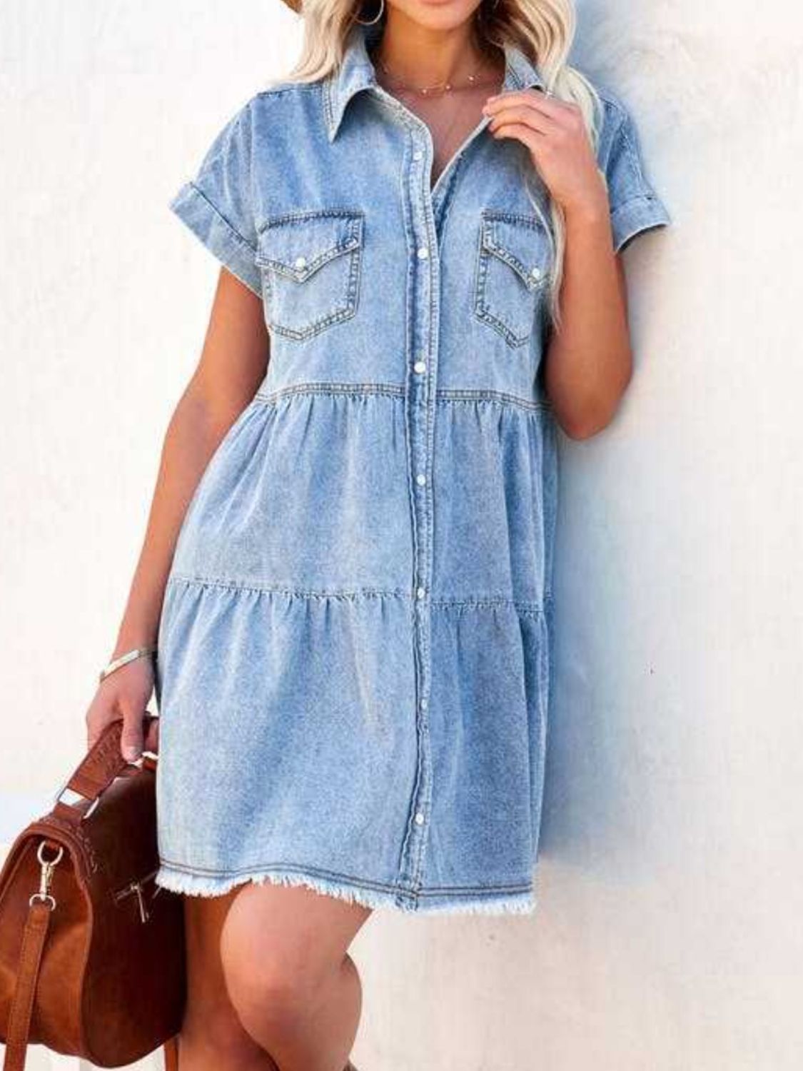 Raw Hem Short Sleeve Denim Dress - felvior