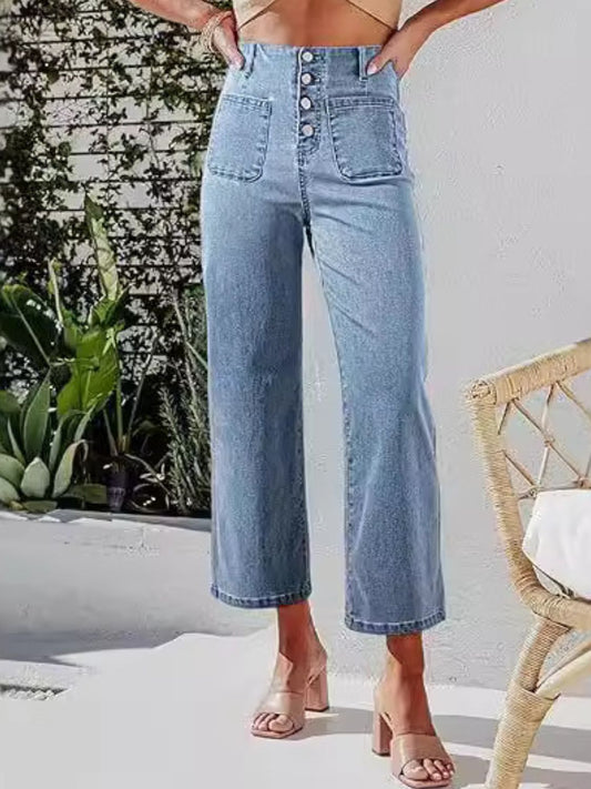 Button Fly Cropped Jeans with Pockets - felvior