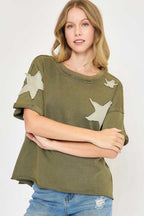 Umgee Full Size Star Patched Mineral Washed French Terry Top Plus Size