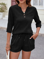 Textured Notched Top and Drawstring Shorts Set