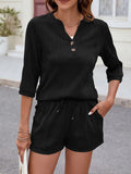 Textured Notched Top and Drawstring Shorts Set - felvior