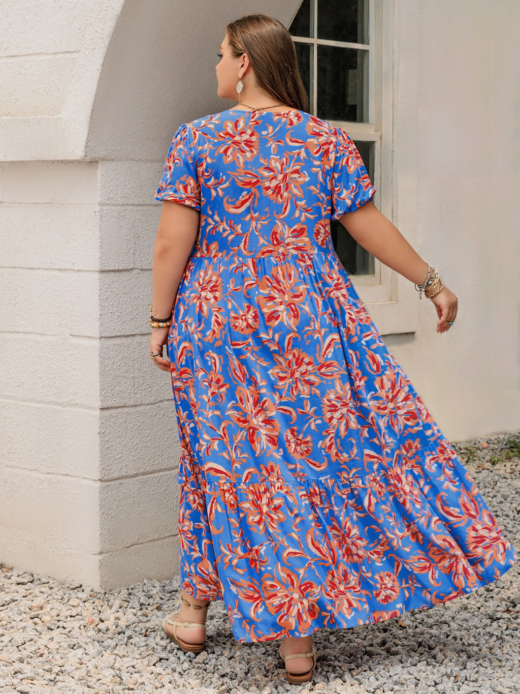 Plus Size Ruffled Printed V-Neck Short Sleeve Maxi Dress