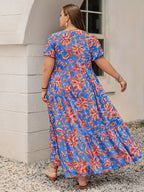 Plus Size Ruffled Printed V-Neck Short Sleeve Maxi Dress