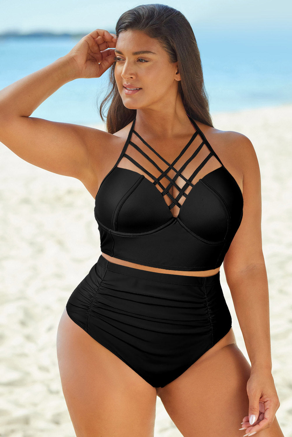 Full Size Halter Neck Crisscross Ruched Two-Piece Swimsuit Hauptbild
