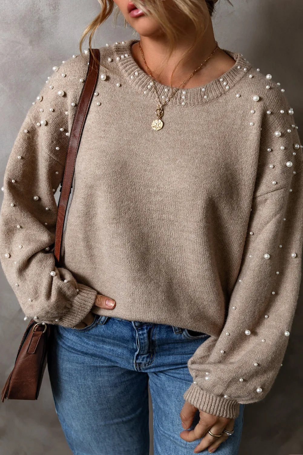 Plus Size Pearl Detail Round Neck Long Sleeve Sweater Main image