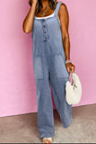 Wide Strap Denim Overalls with Pockets - felvior