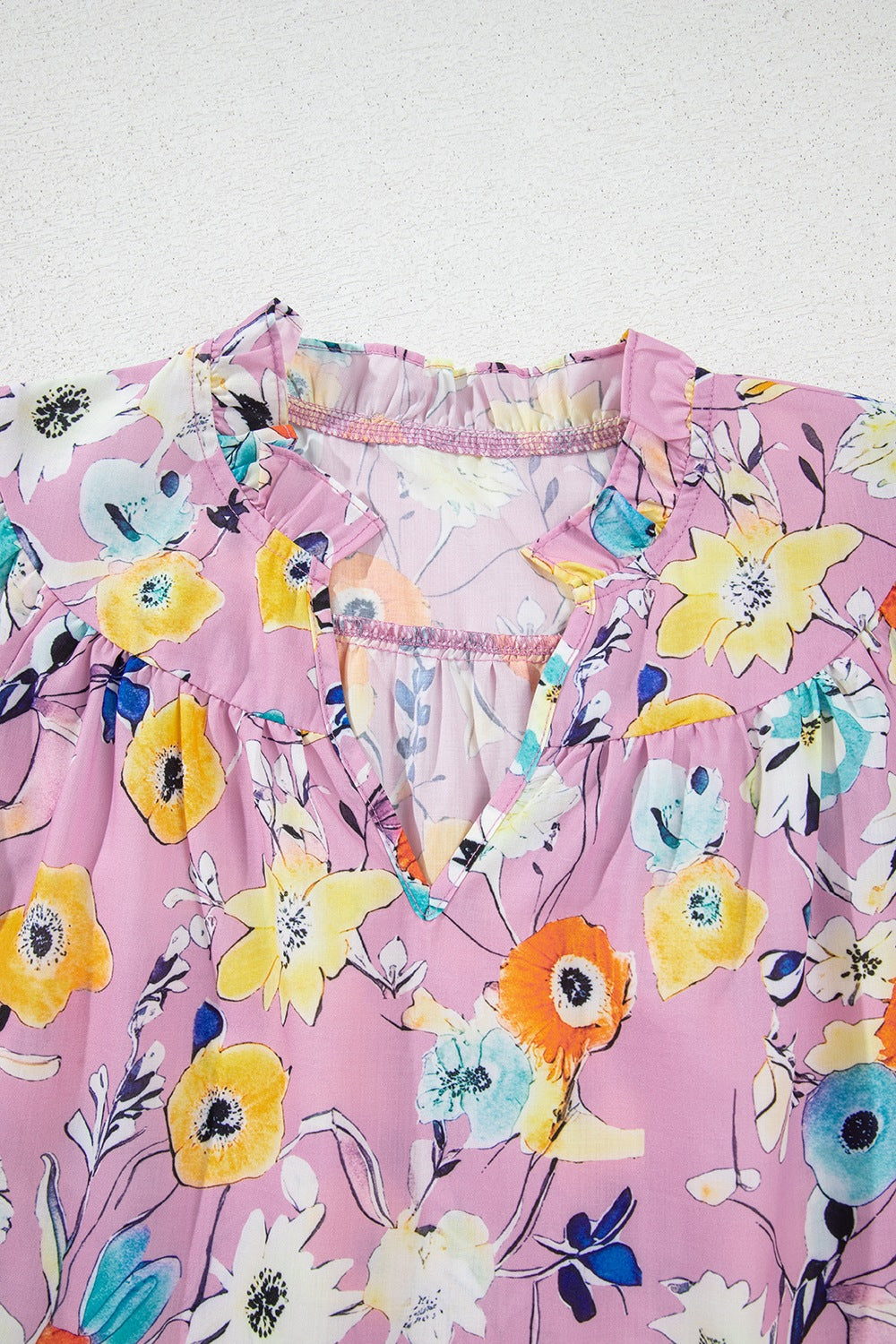 Printed Notched Double Layered Ruffle Sleeve Blouse