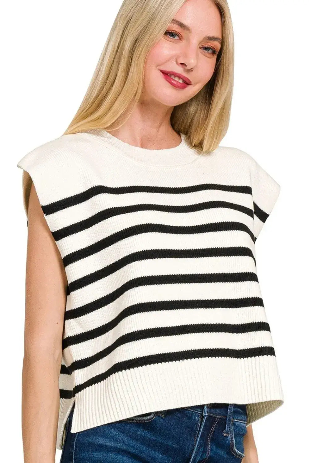 Zenana Oversized Crew Neck Stripe Sweater Vest Hauptbild