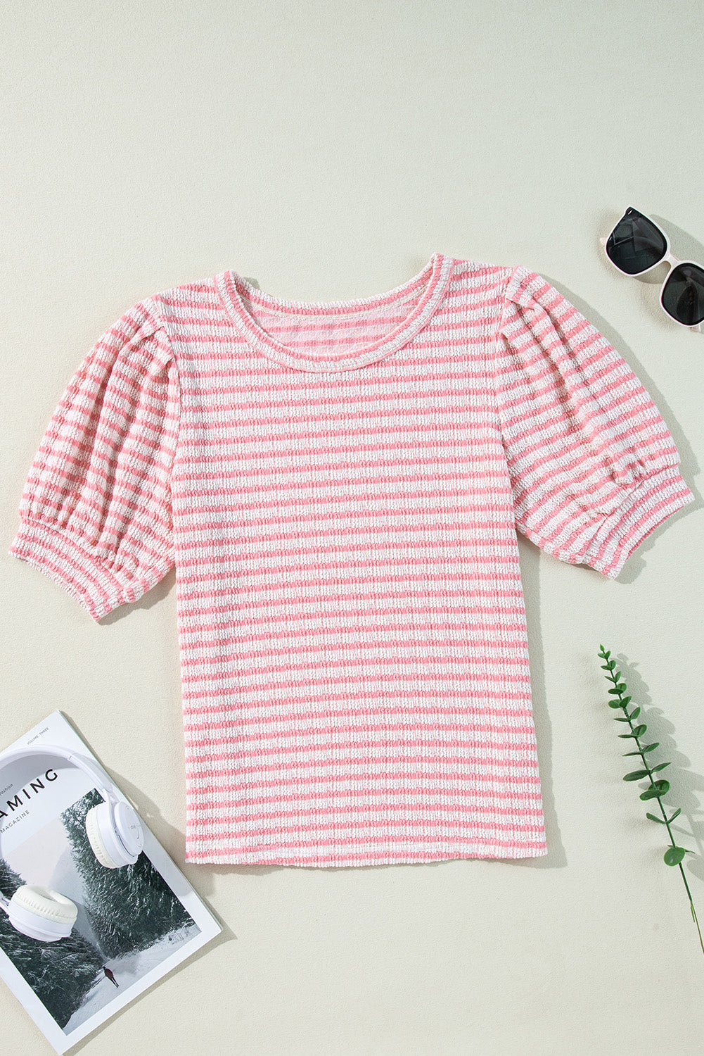 Stripe Textured Puff Sleeve Crewneck Top