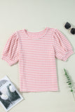 Stripe Textured Puff Sleeve Crewneck Top - felvior