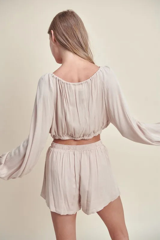 MABLE Gauze Long Sleeve Button Crop Top and Short Set - felvior