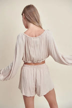 MABLE Gauze Long Sleeve Button Crop Top and Short Set