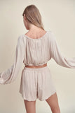MABLE Gauze Long Sleeve Button Crop Top and Short Set - felvior