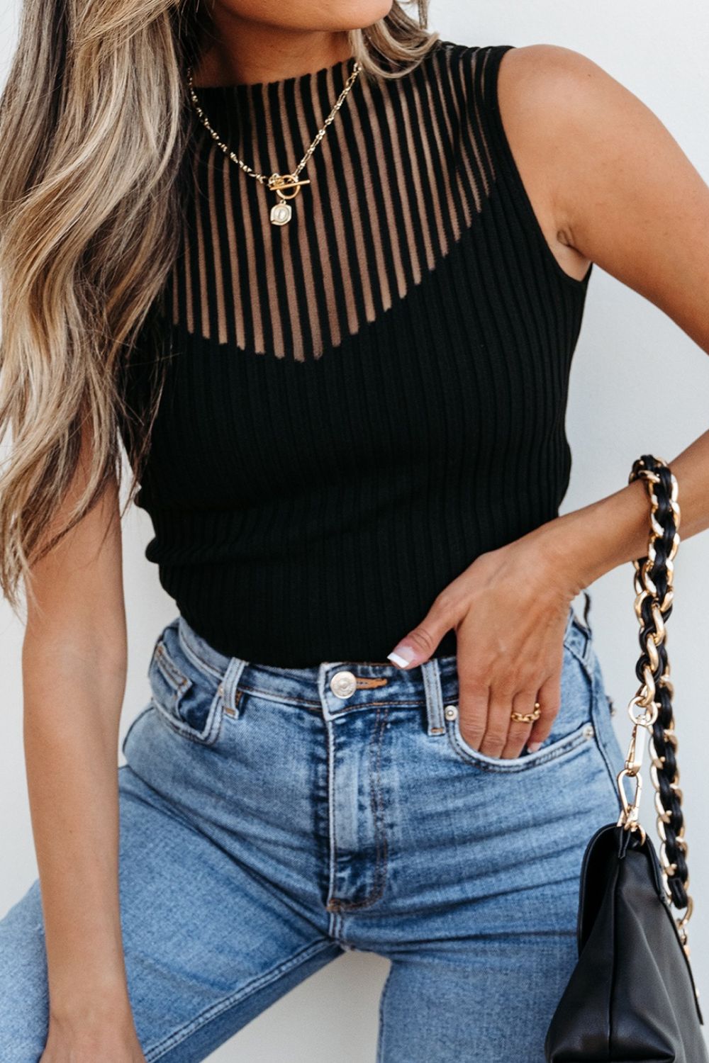 Ribbed Texture Mesh Knit Tank - felvior