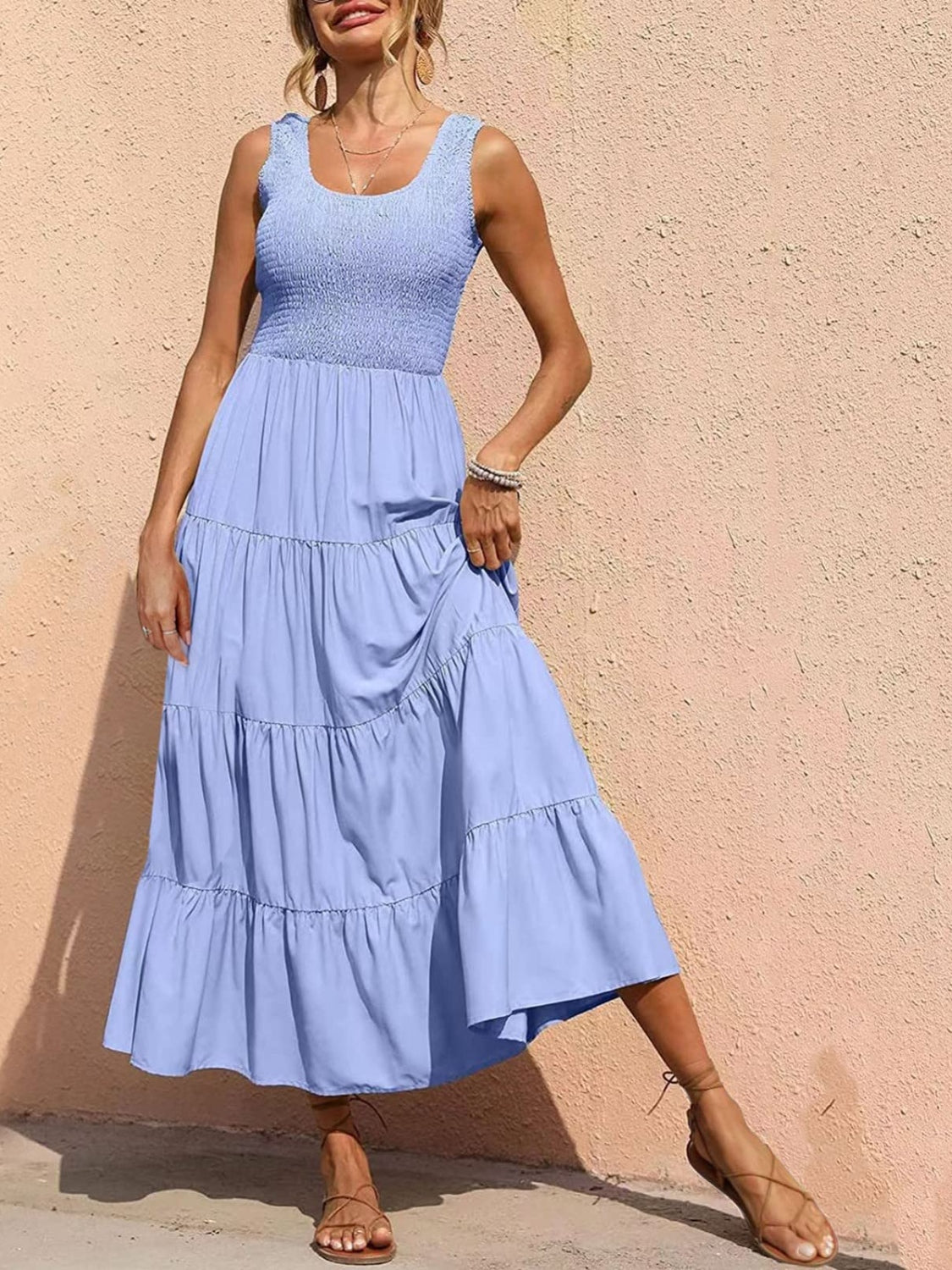 Tiered Smocked Wide Strap Dress - felvior