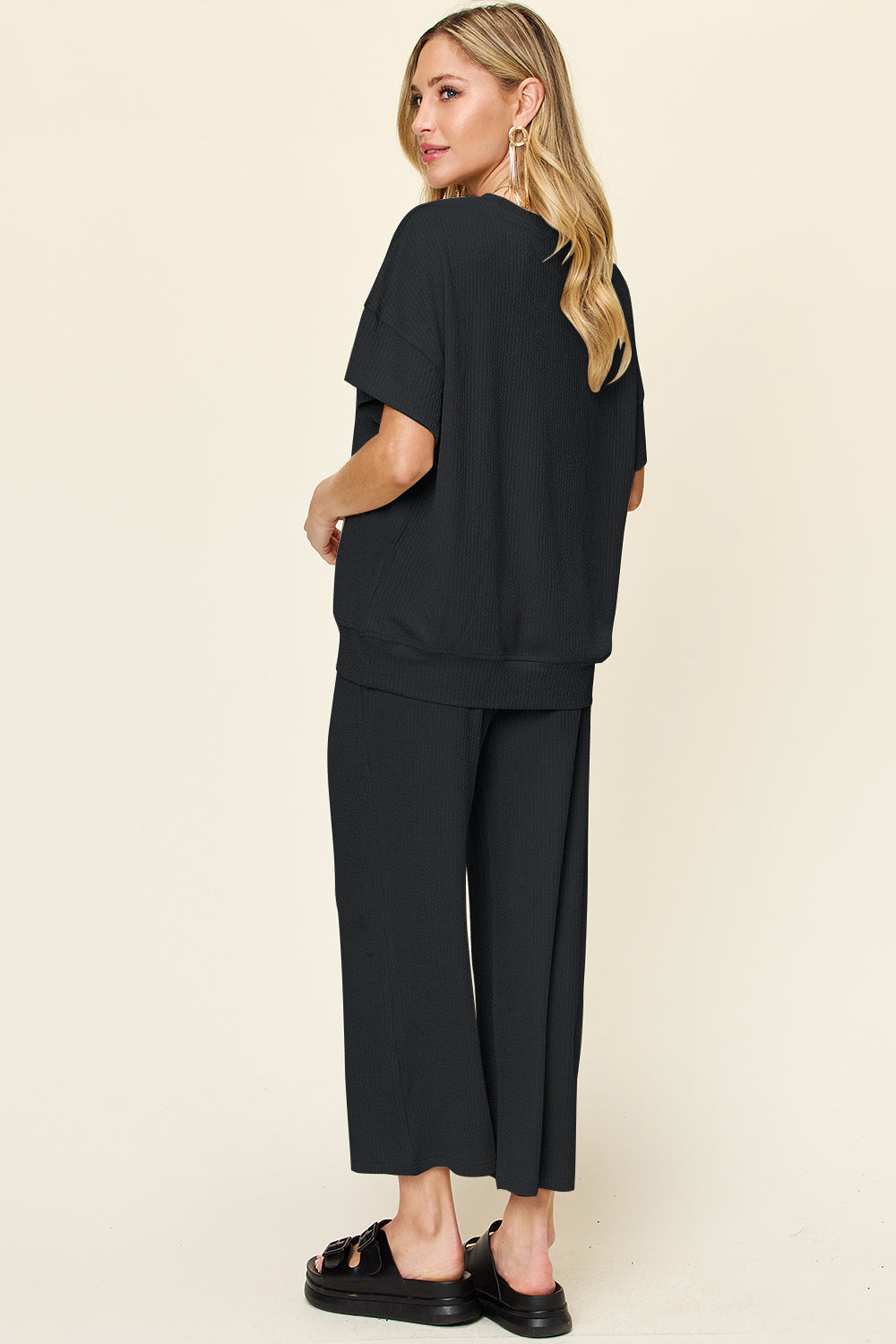 Double Take Full Size Texture Round Neck Short Sleeve T-Shirt and Wide Leg Pants - felvior