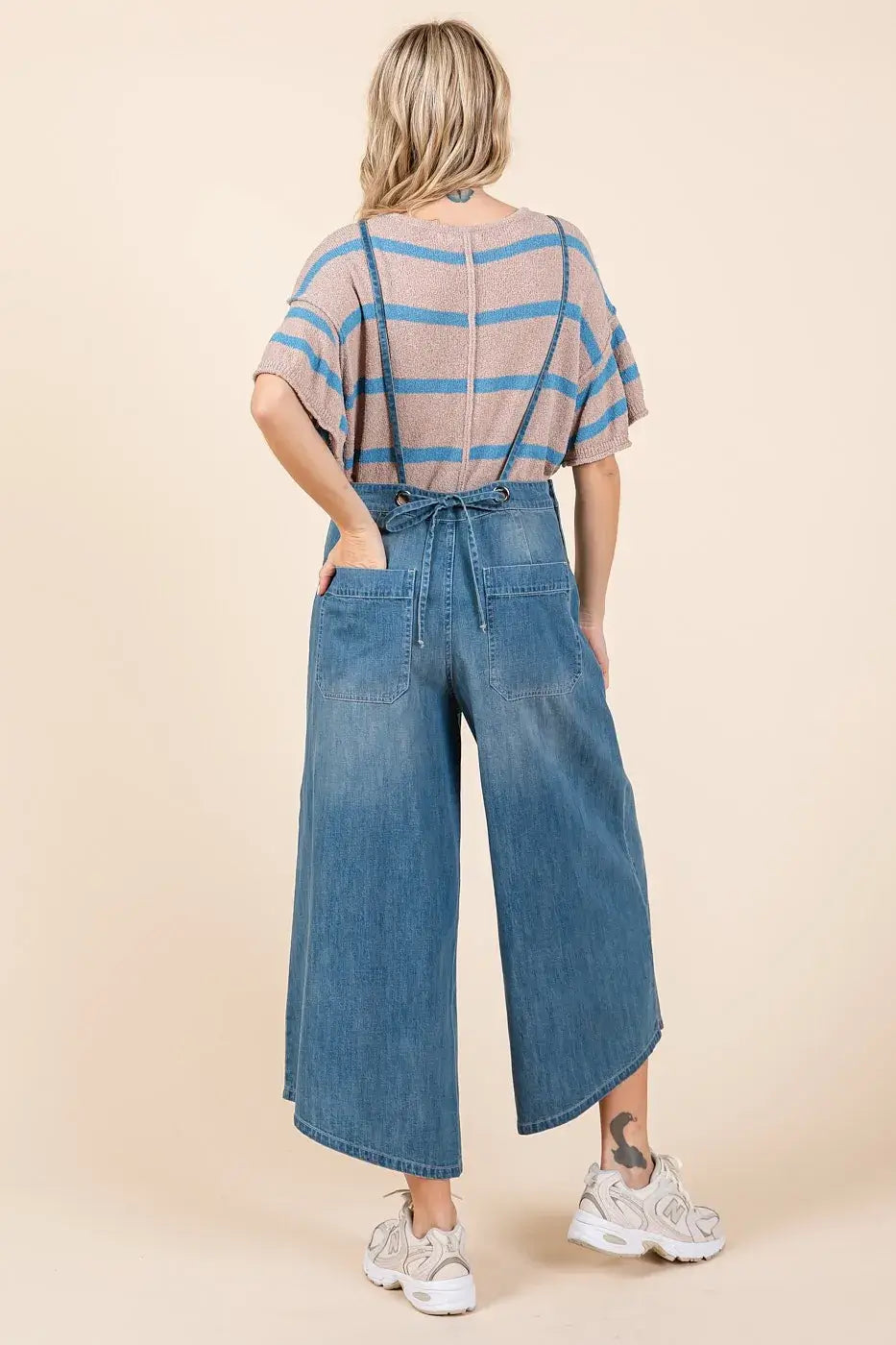 Mittoshop Denim Tie Back Sleeveless Wide Leg Overalls