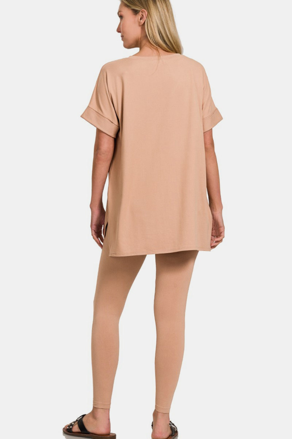 Zenana Full Size V-Neck Rolled Short Sleeve T-Shirt and Leggings Lounge Set - felvior