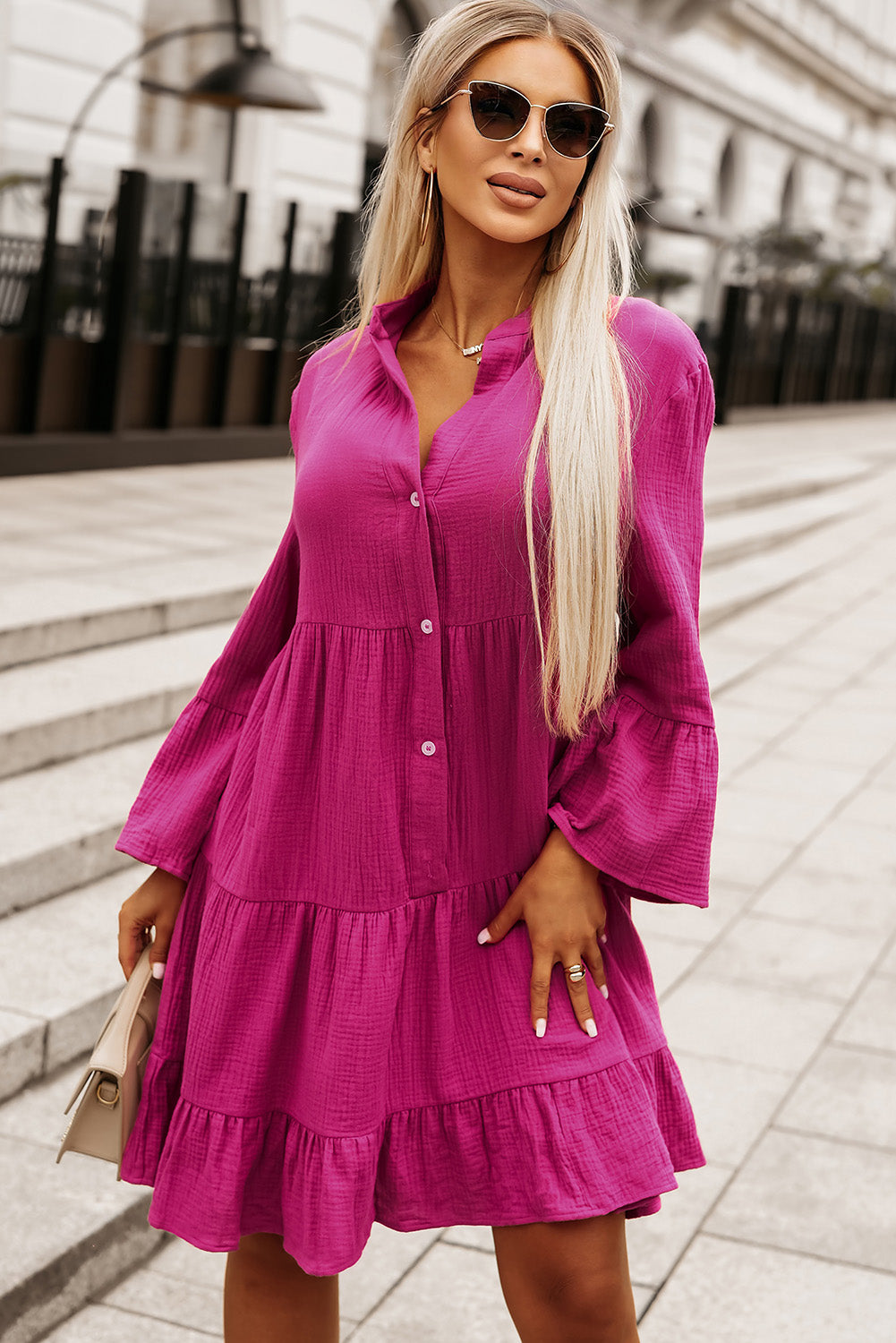 Buttoned Flare Sleeve Tiered Dress - felvior